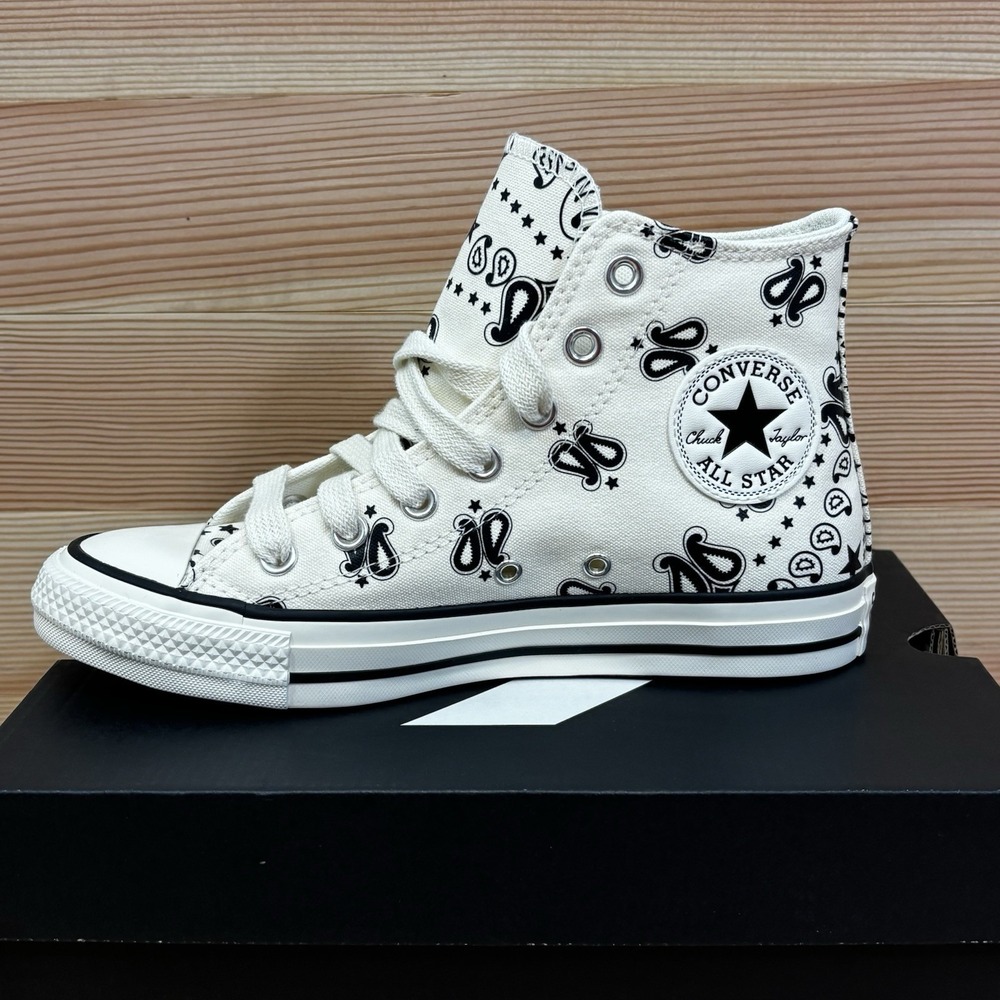 Converse Women's Sz 7 Chuck Taylor All Star Hi White Black Paisley  Sneakers‎